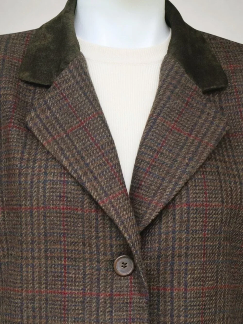 Vintage Wool Plaid Blazer Suede Trim Jacket Women 12 Made in Russia
